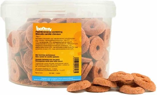 Suikervrije wortelringen, verpakt in een voordeelverpakking van 5kg. Deze paardensnacks zijn ideaal voor dagelijks gebruik en perfect als beloning tijdens training, wedstrijden, of gewoon als tussendoortje.