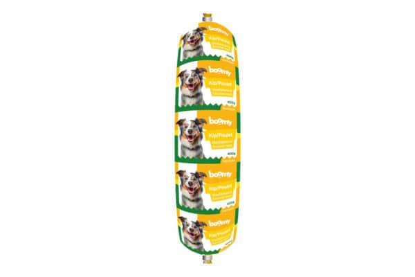 De maaltijdworst met kip biedt een complete, glutenvrije en natuurlijk voeding. Mono-proteïne voor gevoelige honden. Beschikbaar in 400g en 800g.