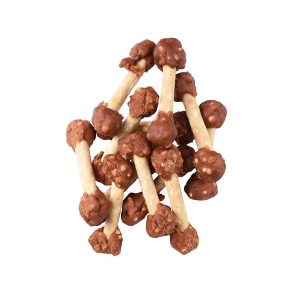 De dumbbells zijn verkrijgbaar in de smaken eend, konijn en kip. Deze snacks met stevige structuur zijn glutenvrij en vrij van toegevoegde suikers.