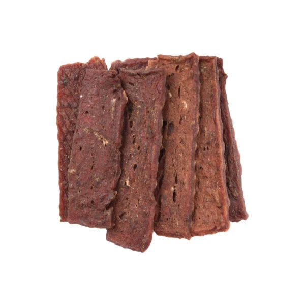 Heerlijke vleesstrips in de smaken kalkoen, konijn, lam en hert. Volledig glutenvrij en zonder toegevoegde suikers in een heerlijke zachte textuur.