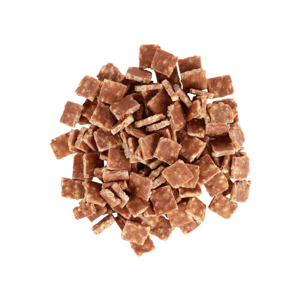 Vleesblokjes verkrijgbaar in de smaken kip, konijn en lam. Deze snacks zijn 100% natuurlijk, glutenvrij en vrij van toegevoegde suikers.