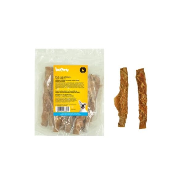 De rolls met kip & varkenshuid is een hypoallergene kauwstick zonder rund, perfect voor gevoelige honden. Verkrijgbaar in 8cm, 16cm of 34cm.