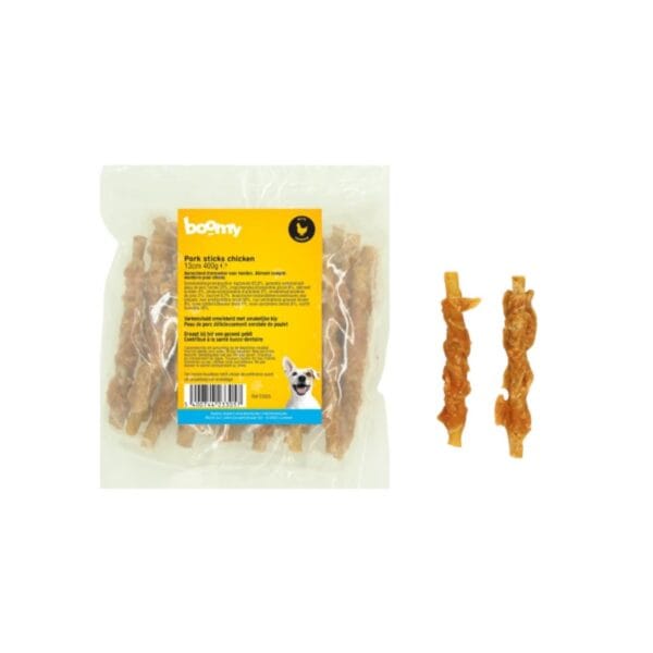 De Boomy Sticks met kip & varkenshuid zijn een ideale rundvrije kauwsnack voor gevoelige honden. Licht verteerbaar, rijk aan eiwitten en met slechts 5% vet.