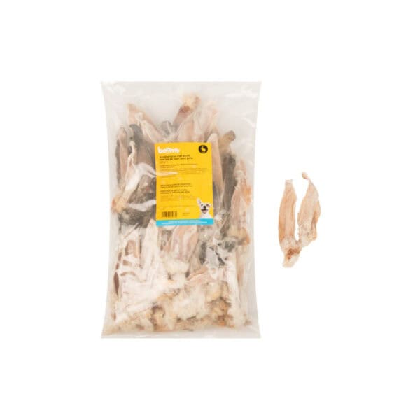 Konijnenoren met vacht zijn 100% natuurlijke kauwsnacks voor honden, zonder granen of kunstmatige toevoegingen. Vetarm en gezond voor de darmen!