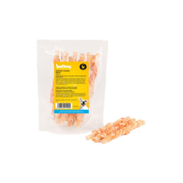 De chicken sticks zijn heerlijke kauwsnacks van ong. 13cm runderhuid omhult met malse kipfilet. Verkrijgbaar in 100g of 500g verpakking!