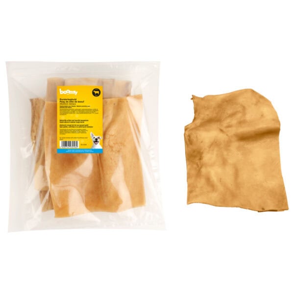 De runderkophuid platen zijn gemaakt van 100% gedroogde runderkophuid stukken van 20 x 20cm. Deze natuurlijke snack is perfect voor grote hondenrassen.