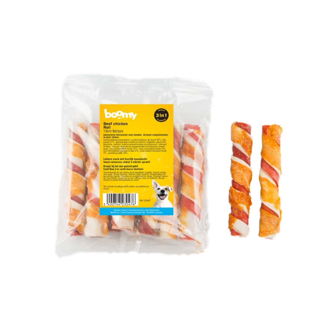 De Beef & Chicken Rolls zijn gemaakt uit een stevige runderhuid kern, omwikkeld met een dubbele laag rund en kippenvlees. Verkrijgbaar in 13cm, 20cm of 40cm