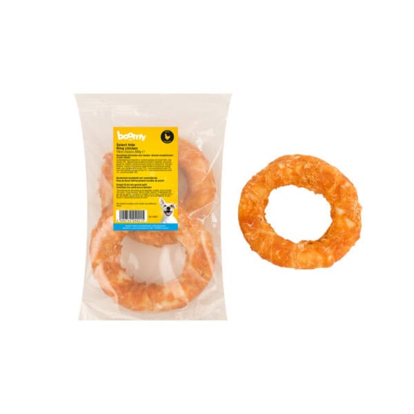 Deze kauwring van 15cm gemaakt van runderhuid omhult met kip is geschikt als kauwsnack voor middelgrote tot grote honden. Verpakt per 2 stuks.