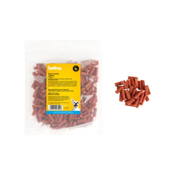 De eend trainers zijn zachte strookjes van ong. 2cm die voor maar liefst 78,8% bestaan uit eendenvlees. De perfecte trainingssnack of beloning onderweg.