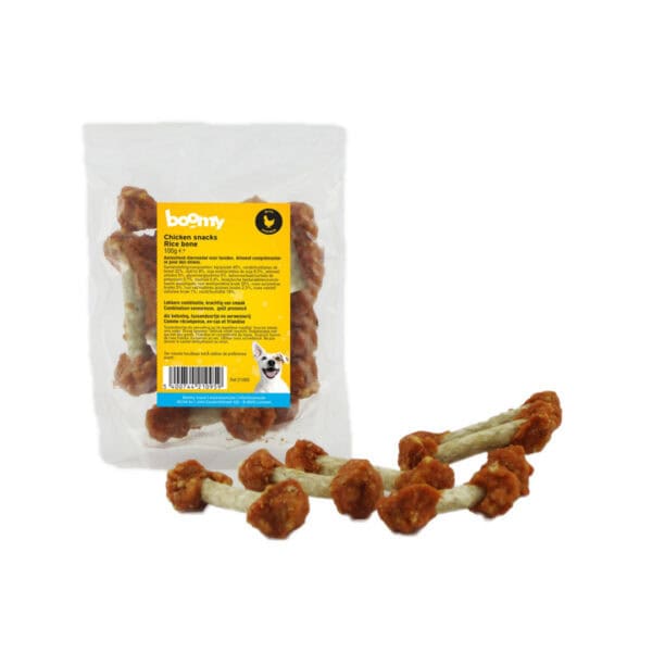 De kip halters zijn stevige runderhuid staafjes met op het uiteinde een smakelijke bol kippenvlees. Verpakt in hersluitbare zak van 100g.