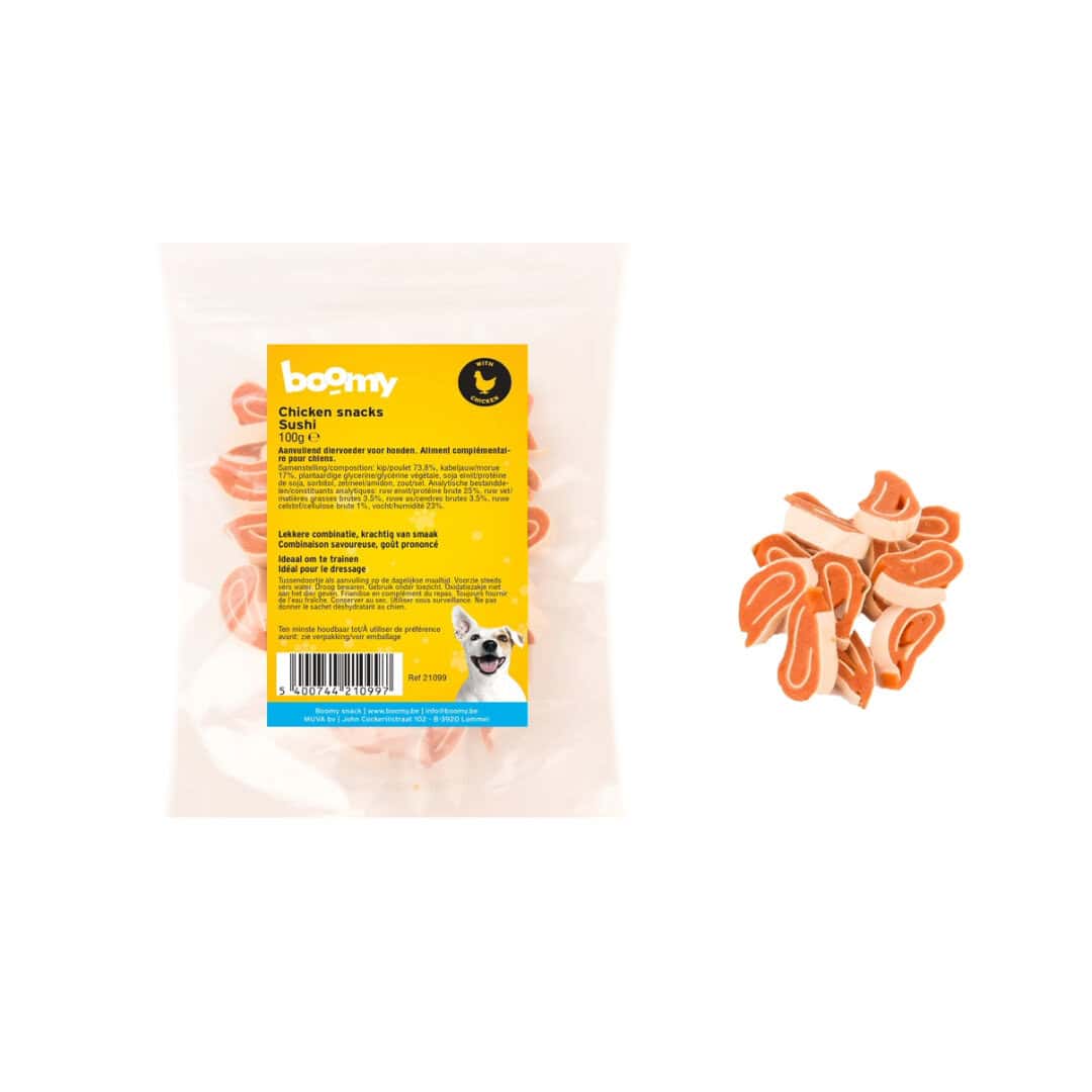 De combinatie van sushi met kip (73,8%) en kabeljauw (17%), met het zachte/compacte formaat maakt deze snacks perfect als tussendoortje of als beloning.