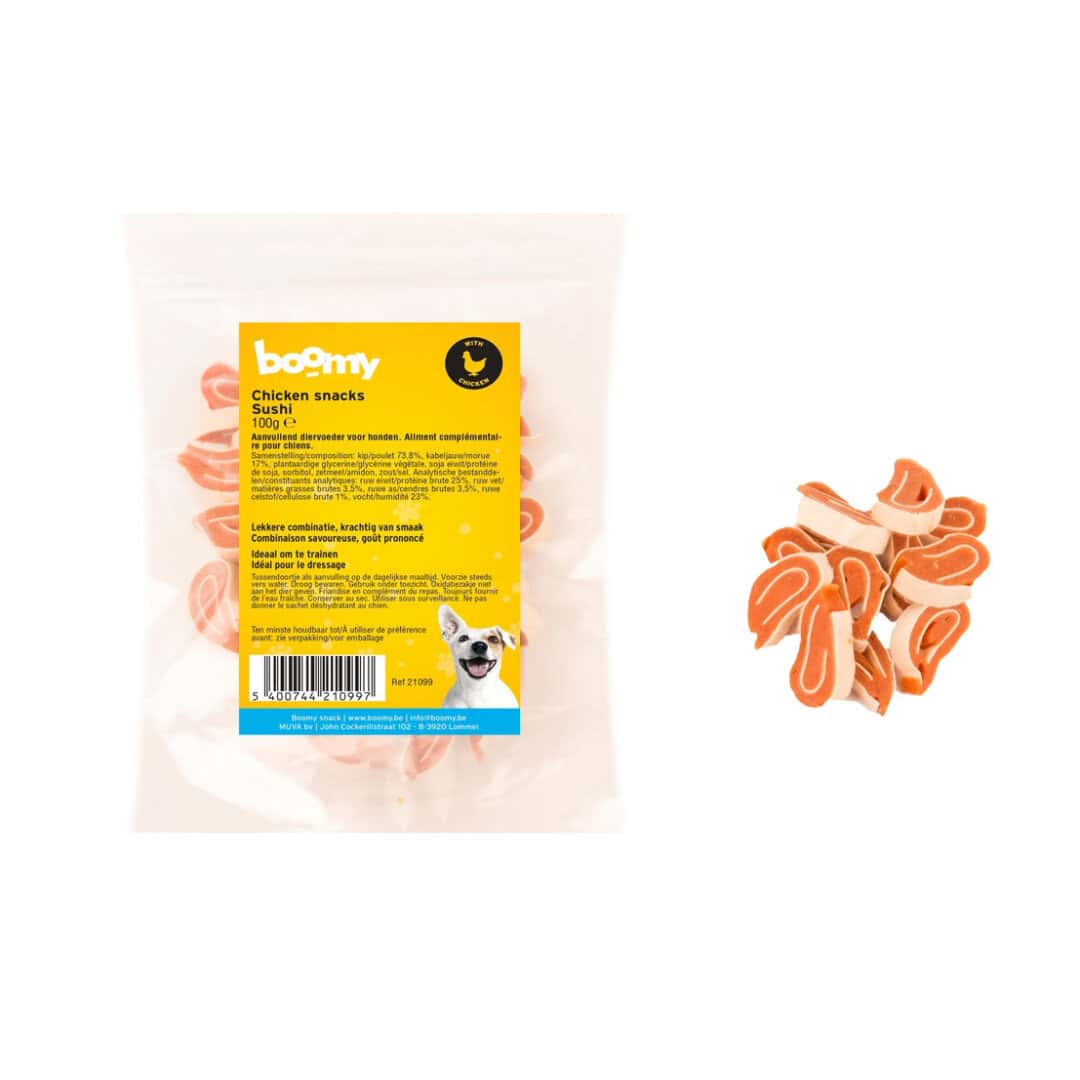 De combinatie van sushi met kip (73,8%) en kabeljauw (17%), met het zachte/compacte formaat maakt deze snacks perfect als tussendoortje of als beloning.