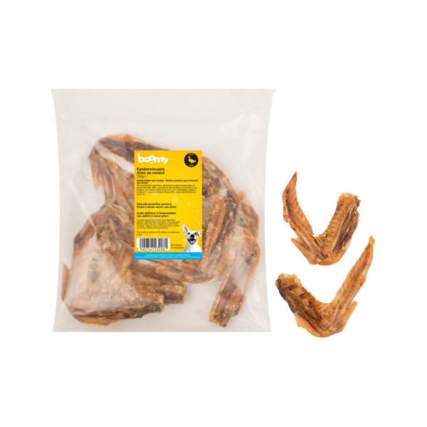 De gedroogde eendenvleugels zijn een 100% natuurlijke snack, geschikt voor alle middelgrote hondenrassen van alle leeftijden. Verpakt per 250g.