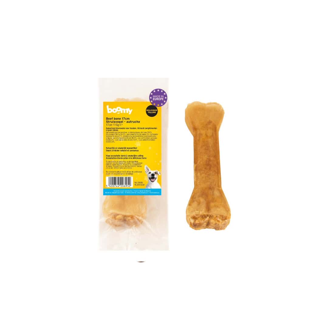 De Beef Bone kluiven zijn verkrijgbaar in 2 smaken: Struisvogel of Bullepees/Pens. Maak de keuze uit kluiven van 12cm of 17cm.
