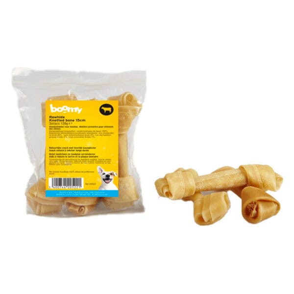 Dankzij dit geknoopt bot van 15cm kan jouw hond lekker lang kauwen. 100% natuurlijk en gemaakt van puur runderhuid. Geschikt voor elke leeftijd.