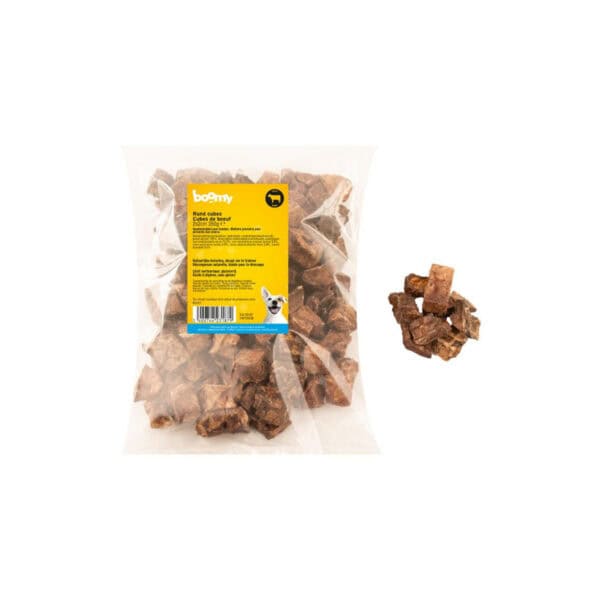 De runderlong kubussen zijn heerlijk luchtige beloningssnacks. Gemaakt van 100% gedroogde runderlongen versneden in blokjes van 2 x 2cm